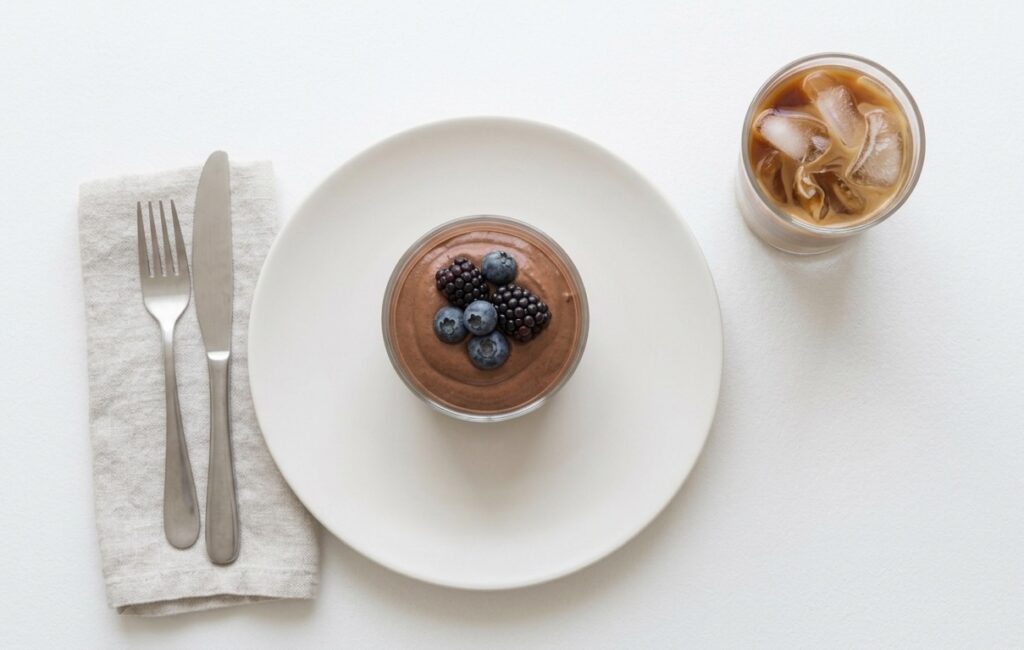 Chocolate mousse with blueberries and blackberries on top and an iced coffee on the side