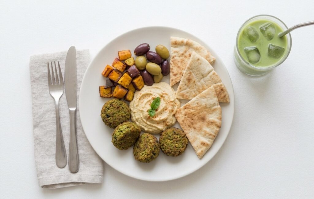 Falafels, pita, humus and olives with a green drink on the side