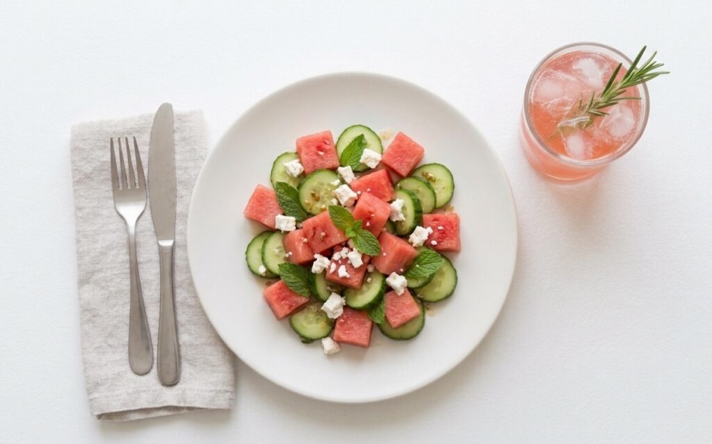 Plate of watermelon and cucumbers with feta cheese and a side of pink tea