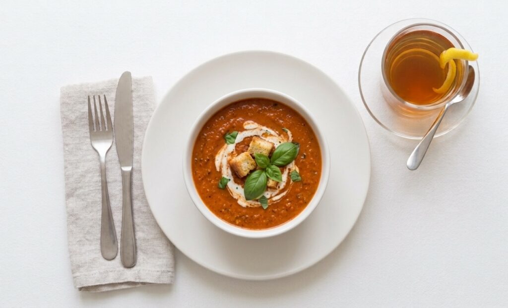 Red tomato soup with cream and croutons and a black tea with it