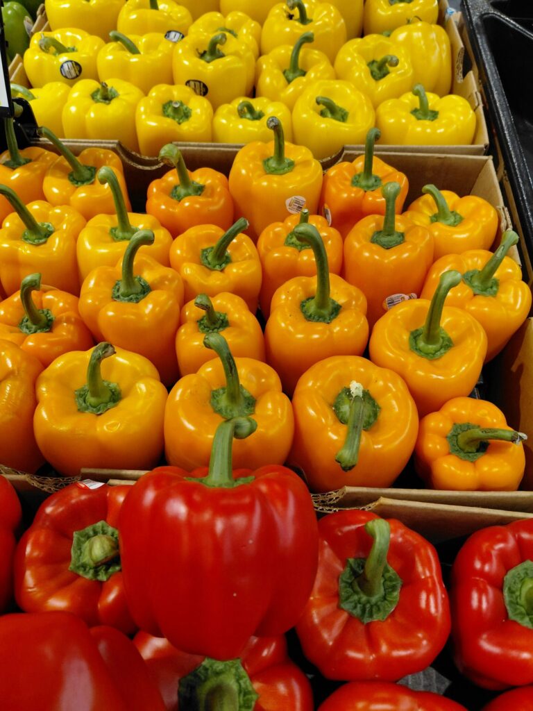 Red, orange and yellow bell peppers lined up neatly